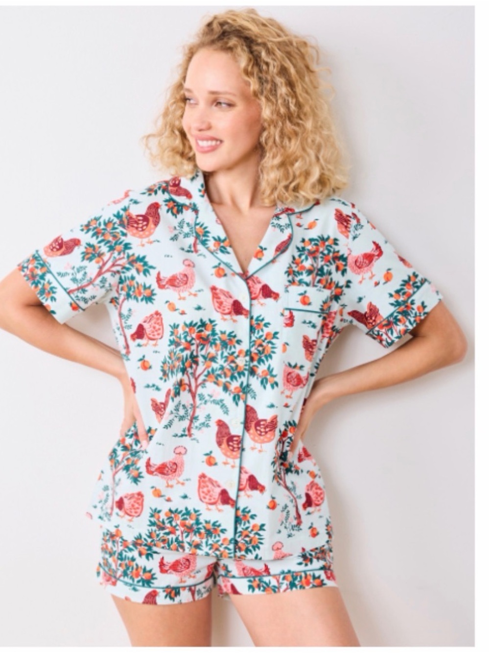 Printfresh Light Blue Short-Sleeve Button-Up Pajama Set with Red Chicken Print